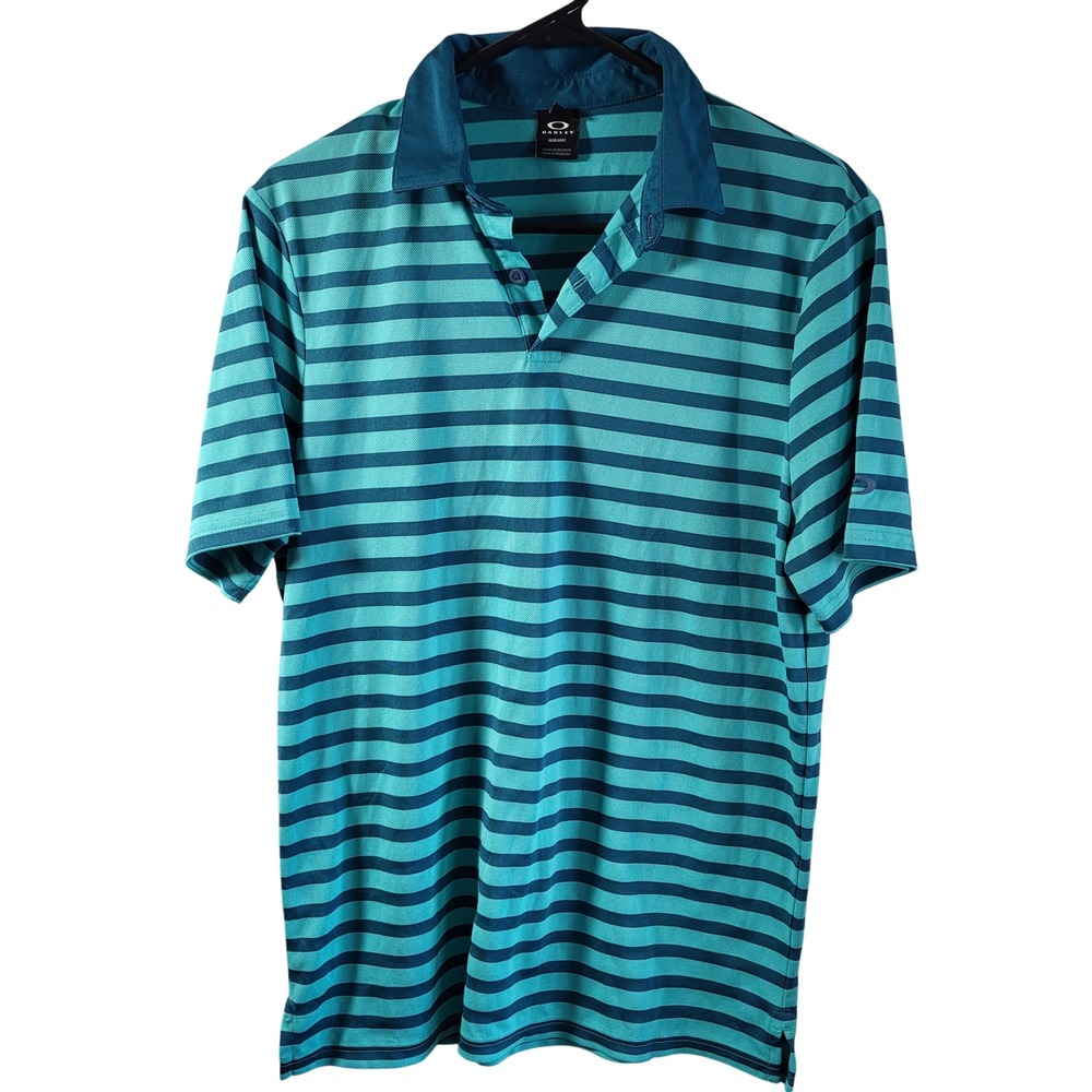 Oakley Mens Golf Polo‎ Shirt Blue Teal Stripe Regular Fit Short Sleeve